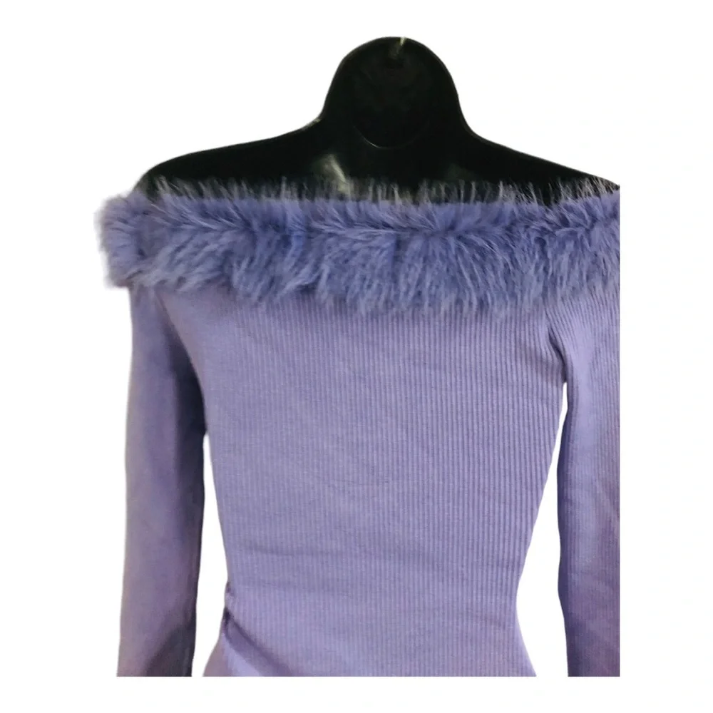 Purple faux‎ fur trim off the shoulder ribbed sweater knit bodysuit size large - Picture 13 of 17